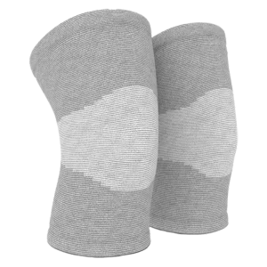 A pair of gray knee sleeves with a textured design and an open cuff.