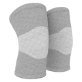 A pair of gray knee sleeves with a textured design and an open cuff.